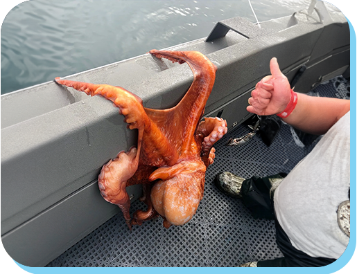 A person on the boat with an octopus.